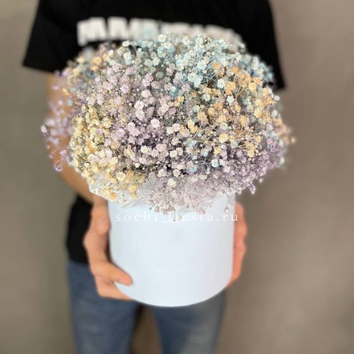 9 Радужных гипсофил в шляпной коробке в Химкие