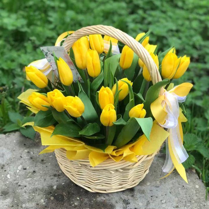 25 желтых тюльпанов в корзине в Химкие